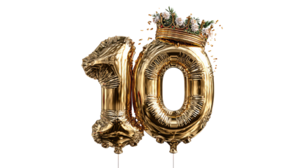 Gold Number Ten Balloon with Crown and Floral Decoration for Celebrations