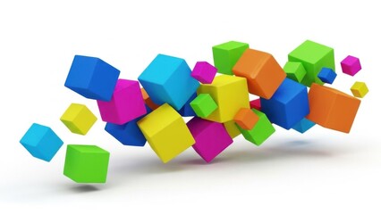 Playful cluster of bright 3D cubes floating on white background, vivid blue yellow green orange and pink geometric blocks forming fun abstract composition for modern creative design projects

