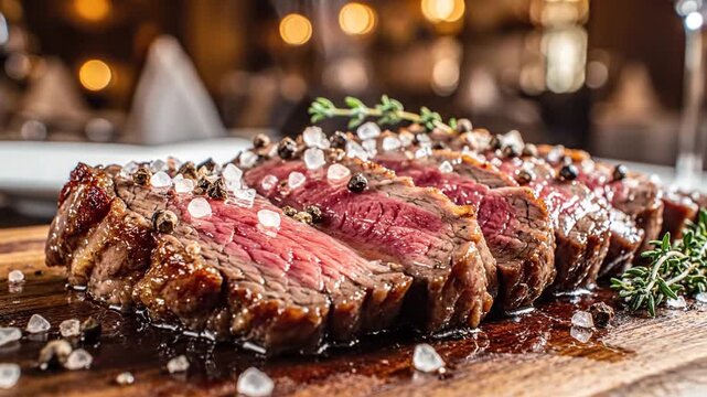 Sliced medium-rare steak fans out on a wooden board, sprinkled with coarse salt and fresh herbs now