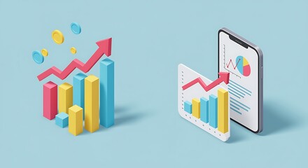 Vibrant 3D rendered financial data growth concept with upward trending bar charts and mobile phone analytics