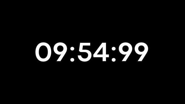 10 Minute White Timer Counting Down, with minutes, seconds, and milliseconds on black background