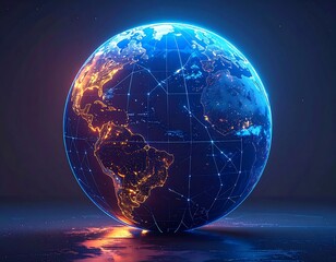 Glowing digital Earth, with connected lines, reflecting in the dark
