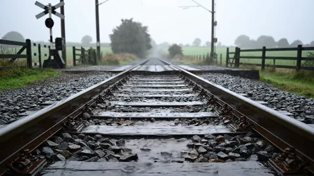 Railway Tracks Perspective: A Misty Journey through Rural Landscape with Heavy Rain