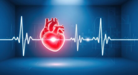 A red heart with a glowing light in the center, set against a blue background with a heartbeat line.