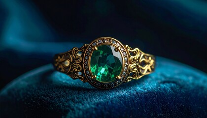Gold ring with a large emerald stone displayed on richly draped blue velvet.