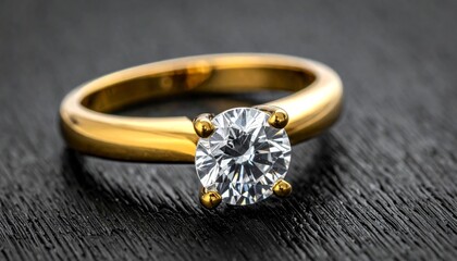 Minimalist gold ring with a single round diamond set against a dark surface.