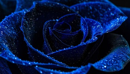 Close-up of a deep blue rose with a soft focus background and water drops.