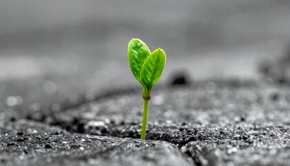 A miniature green shoot fighting its way out of the hard, cracked stone ground.