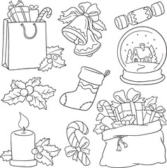 Christmas decoration and symbols vector set including Santa's bag of gifts, bells, stocking, holly, snow globe, and candle. Ideal cartoon illustration for holiday design, winter event invitations.