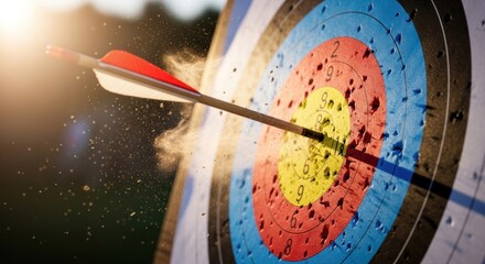 A red and blue target with an arrow hitting the bullseye, surrounded by a blurred background of trees and sunlight.