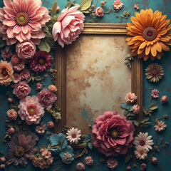 flowers with golden old frame decoration background