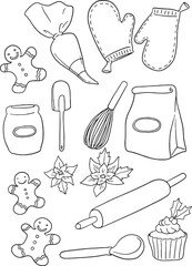 Christmas baking tools and ingredients vector set featuring gingerbread men, oven mitts, piping bag, rolling pin, whisk, and flour bag. Perfect cartoon illustration for holiday recipes, winter baking.