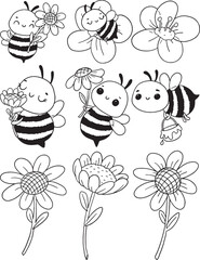 Cute bee and flower vector set. Adorable cartoon bees flying, sitting on blossoms, holding flowers, and carrying honey. Perfect for kids' design, spring themes, educational materials.