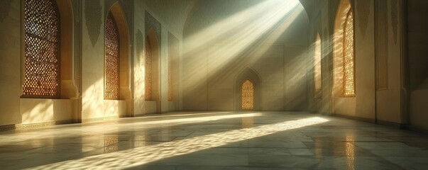 Light filtering through the mosques architecture, symbolizing the connection between faith and divine presence. A moment of prayer and reflection in a tranquil, spiritual space, Generative AI