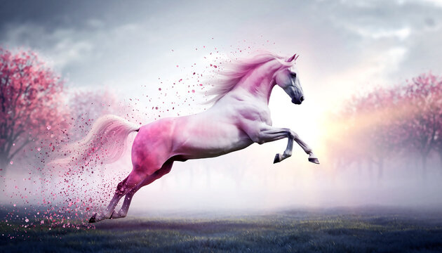 桜の木々を背景に力強く跳躍する幻想的な白とピンクの馬