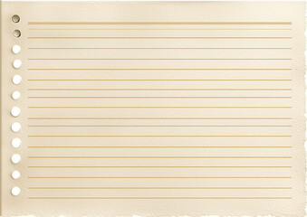 Ruled notebook paper with punched holes, yellow-beige tone, realistic paper texture isolated on transparent background