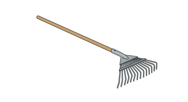 Simple cartoon illustration of a garden rake with a long wooden handle and metal tines, a common tool for gardening and yard work.