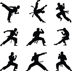 Martial Arts Poses Silhouettes, Martial Arts Poses Set, Karate and Taekwondo Silhouette Collection, Set of Fighting Poses Vectors, Silhouettes of People Practicing Martial Arts, illustration, vector.