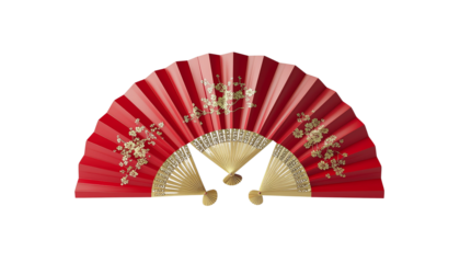 Decorative Red Hand Fan with Gold and White Floral Design on Transparent Background