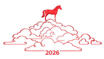 Red neon horse standing on stylized clouds with the year 2026 below on Transparent Background