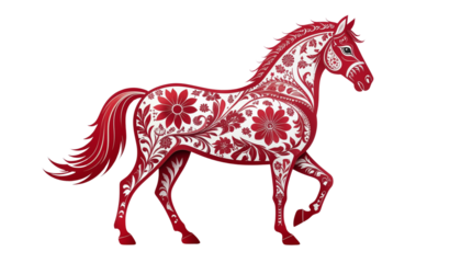 Decorative Red and White floral horse illustration on Transparent Background