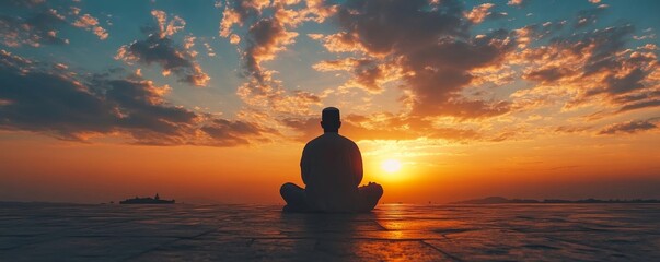 Spiritual journey symbolized by a silhouette of a Muslim man engaged in prayer at sunset. The peaceful, tranquil atmosphere of worship, reflecting gratitude and devotion, Generative AI