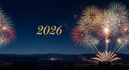 Happy New Year 2026 Celebration with Fireworks over a Landscape