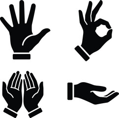 Collection of black silhouette hand gestures icons set, featuring open palm, OK sign, cupped palms, and giving hand, symbolizing communication, acceptance, and offer vector.