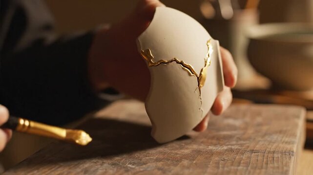 A hand carves a delicate gold seam into a smooth white shell on a wooden worktable under warm light!
