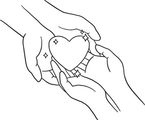 Line art vector illustration of two hands gently holding and protecting a shining, sparkling heart. Represents love, care, generosity, donation, giving, and sharing.