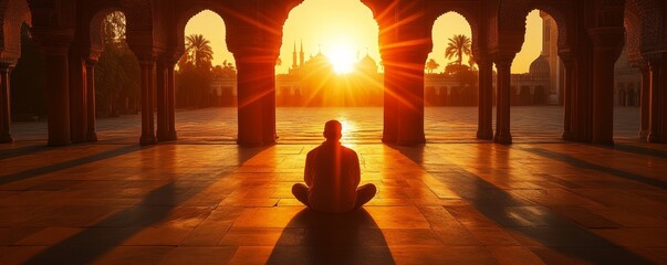 Mosque courtyard during sunset, with a man engaged in prayer and worship. A peaceful and serene environment symbolizing faith, spirituality, and devotion, Generative AI