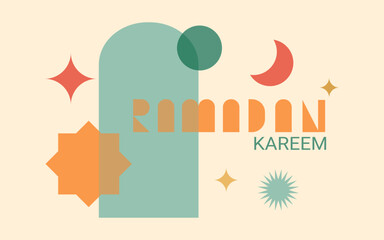 Ramadan design in simple and modern style with colourful geometric shape. Ramadan greetings for postcards, banner, or poster