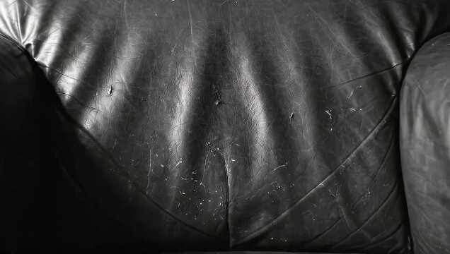 Detailed Close-Up of a Worn Black Leather Armchair in Monochrome