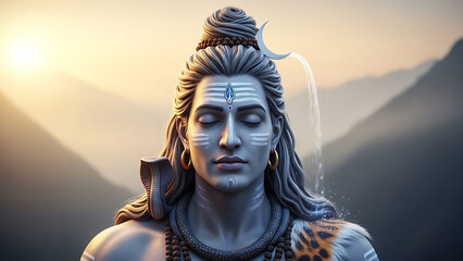 Serene Statue of Lord Shiva Meditating Amidst Majestic Mountains.