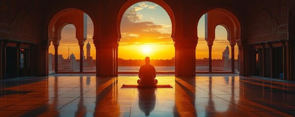 Mosque courtyard during sunset, with a man engaged in prayer and worship. A peaceful and serene environment symbolizing faith, spirituality, and devotion, Generative AI