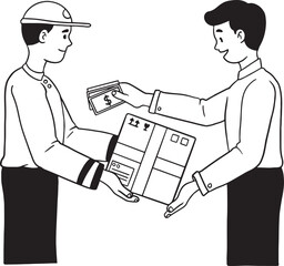 Delivery man receiving cash payment from a customer for a package. Concept of Cash on Delivery (COD), e-commerce, money transaction, or delivery service. Hand-drawn line art illustration for shipping.