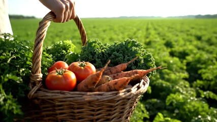 Hand holding wicker basket filled with fresh organic vegetables in green farm field