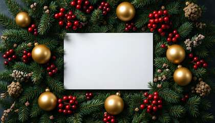 High angle view of Christmas festive mockup background with blank white paper on green fir branches decorated with red berries and golden ornaments for holiday greeting card.