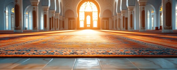 Interior of a mosque during prayer time, capturing the peaceful atmosphere of Islamic worship. Focus on spirituality, healing, and devotion to Allah through Salah, Generative AI