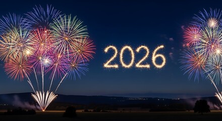Dazzling fireworks illuminate the night sky, heralding the exciting arrival of the year 2026 with vibrant explosions