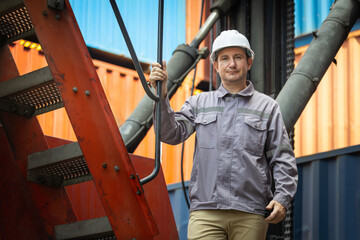 Caucasian foreman or engineer at a large shipping container yard, Industrial worker standing on metal stairs at a busy logistics port, Dock worker in uniform and hardhat supervising cargo operations