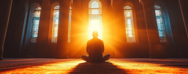 Light-filled silhouette of a man praying in a mosque, offering gratitude during Salah. A moment of calmness and spiritual reflection in a sacred place of worship, Generative AI