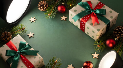 Top view of Christmas gift boxes with ribbons on green background surrounded by pine branches and festive decorations for holiday celebration banner.