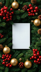 High angle view of Christmas festive mockup background with blank white paper on green fir branches decorated with red berries and golden ornaments for holiday greeting card.
