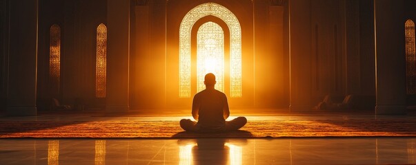 Light-filled silhouette of a man praying in a mosque, offering gratitude during Salah. A moment of calmness and spiritual reflection in a sacred place of worship, Generative AI