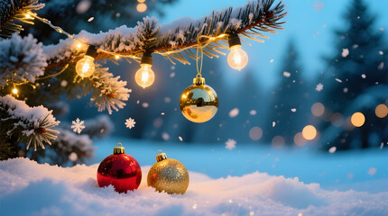 Beautiful Christmas background with glowing warm string lights and festive ornaments on snowy pine branches in a dreamy winter wonderland forest setting at twilight.