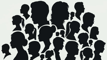 Diverse group of people silhouettes in profile view.
