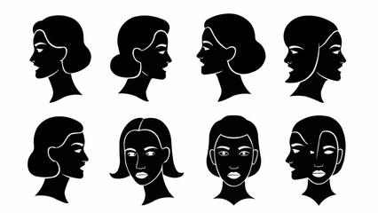 Collection of Diverse Black Silhouettes Representing Human Faces and Profiles.