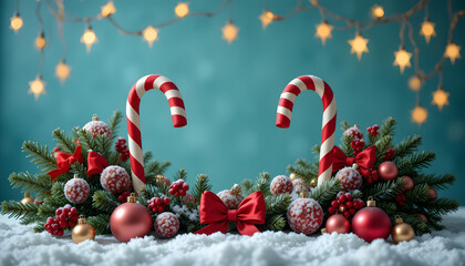 Christmas decoration border with red candy canes and festive ornaments on white snow with a soft blue bokeh background for holiday greetings.