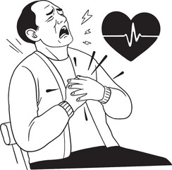 Middle-aged man sitting and experiencing intense chest pain, clutching his heart, with a heart and ECG heartbeat line symbol beside him. Hand-drawn line art illustration for health, medical.